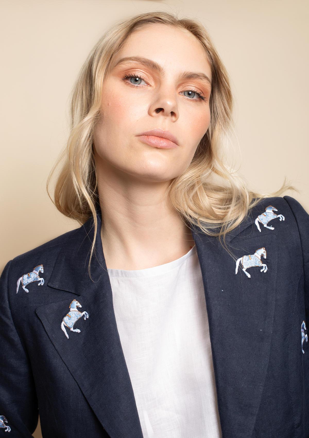 Linen Embroidered Blazer | Navy