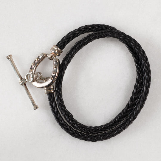 Roundup - Braided Leather Horseshoe Bracelet in Black &amp; Silver