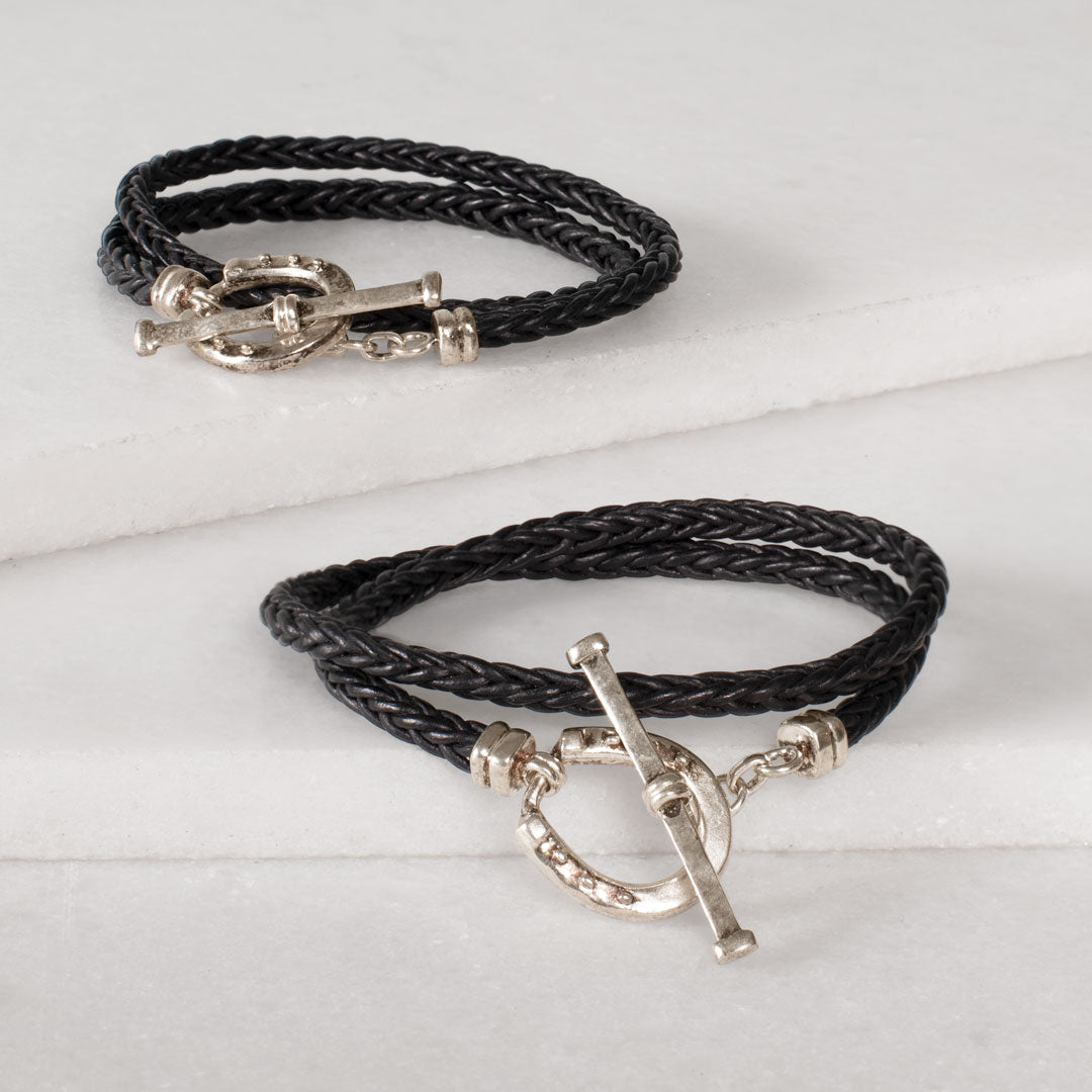 Roundup - Braided Leather Horseshoe Bracelet in Black &amp; Silver