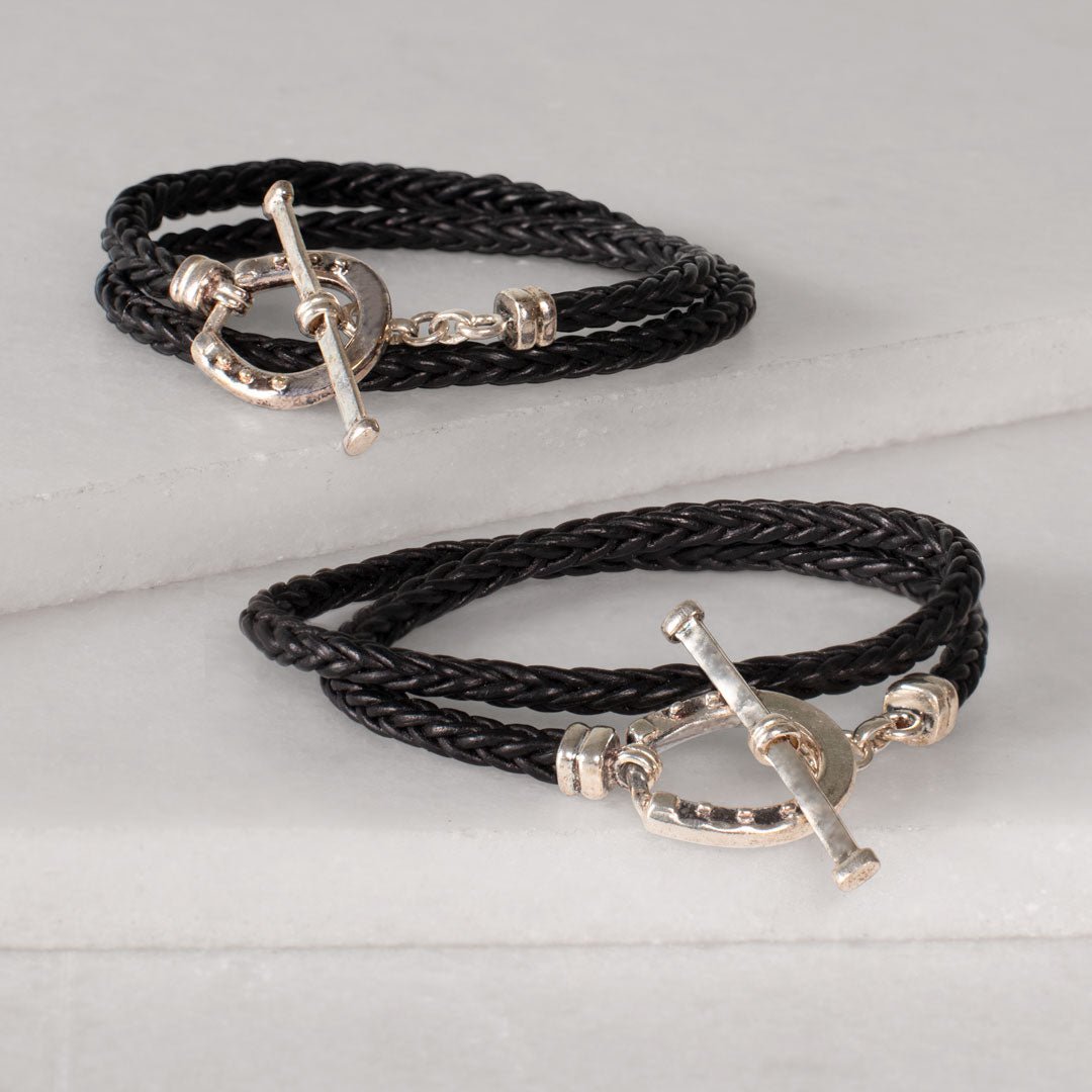Roundup - Braided Leather Horseshoe Bracelet in Black &amp; Silver
