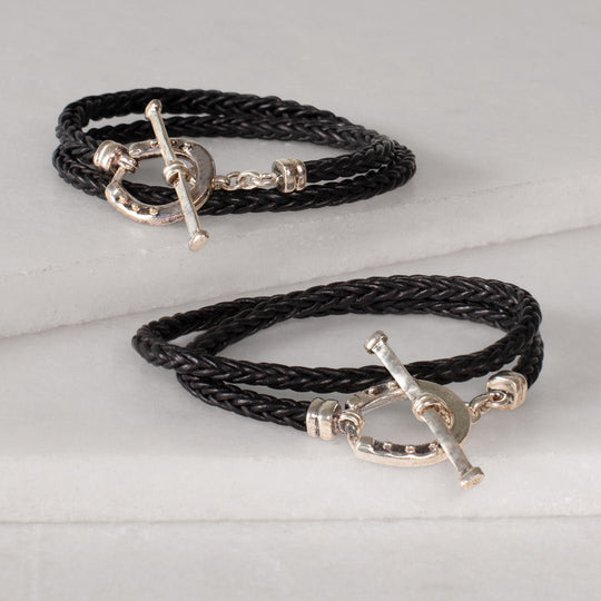 Roundup - Braided Leather Horseshoe Bracelet in Black &amp; Silver