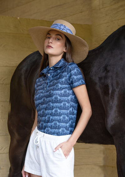 Noelia Classic Polo-Shirt Short Sleeve Steed Print | Sapphire