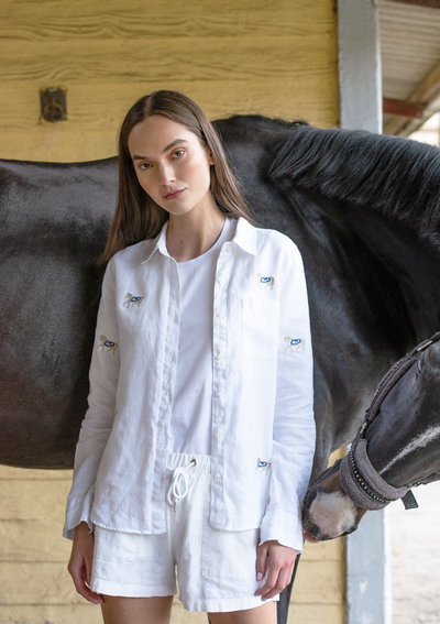 Sundown Embroidered Horses Linen Shirt | White