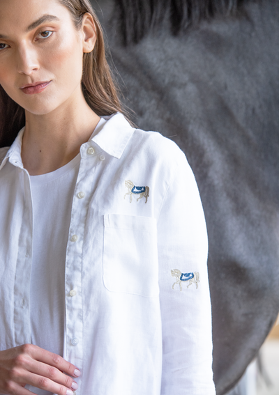 Sundown Embroidered Horses Linen Shirt | White