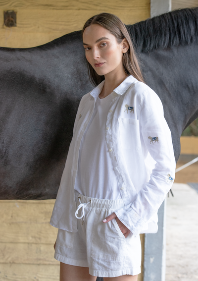 Sundown Embroidered Horses Linen Shirt | White