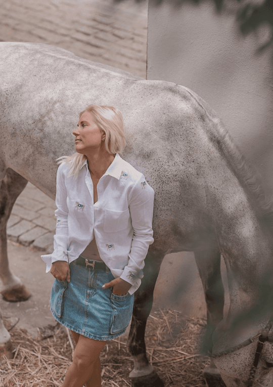 Sundown Embroidered Horses Linen Shirt | White