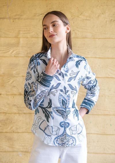 Luciana Cotton Shirt |  Lilyrose Print | White & Navy