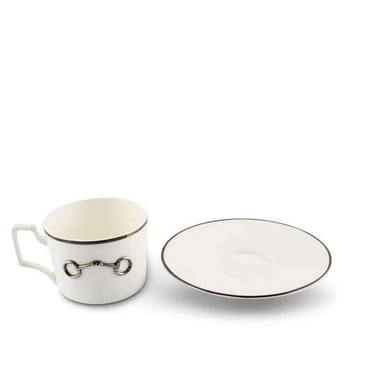 Pewter Bit Bone China Cup and Saucer Platinum Rim