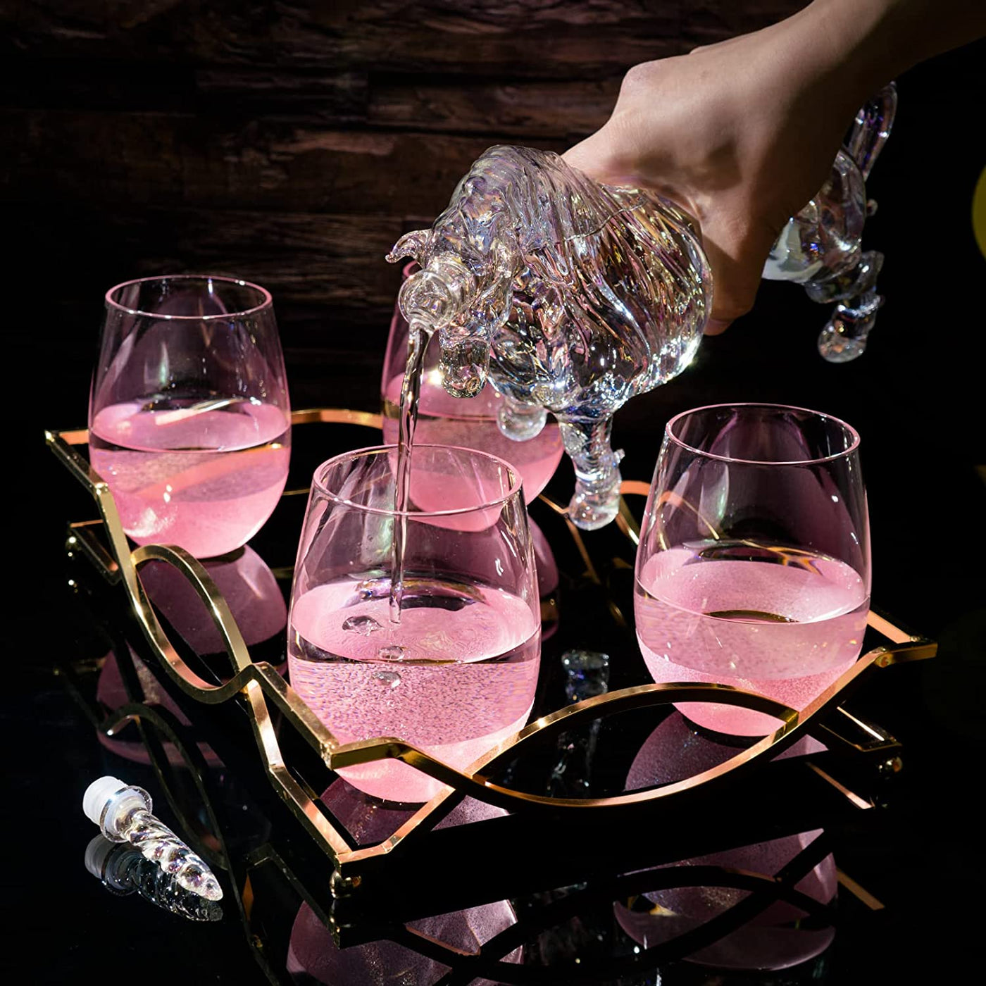 Iridescent Unicorn Wine Whiskey Decanter Set 750ml With 4 Pink Sparkle Glasses for Wine, Whiskey, Scotch, Tequila or Any Drink by The Wine Savant - Unicorn Gifts, Unicorn Lovers, 14" L, 10" W, 11" H by The Wine Savant