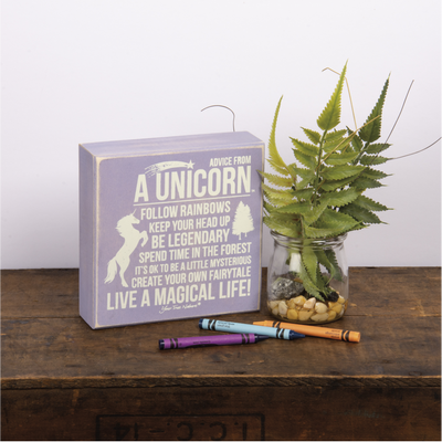 Advice From Unicorn Box Sign | Wood | Purple with White Lettering by The Bullish Store