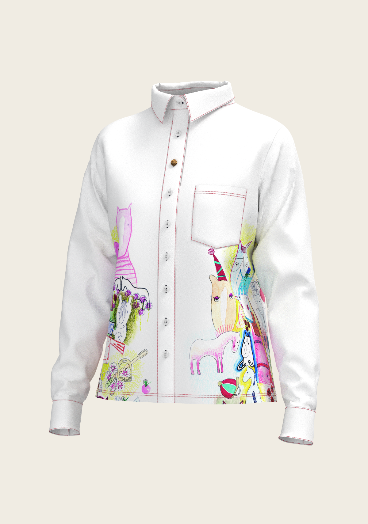 The Horse Fair on White Loose Fitting Button Shirt by Espoir Equestrian