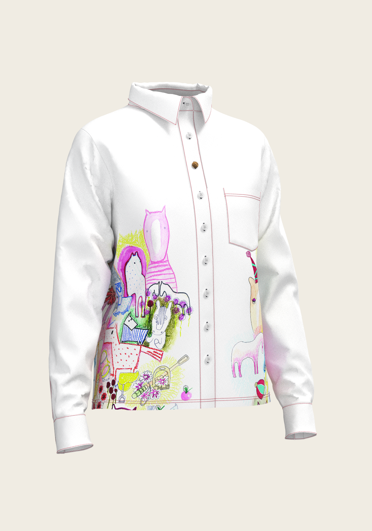 The Horse Fair on White Loose Fitting Button Shirt by Espoir Equestrian